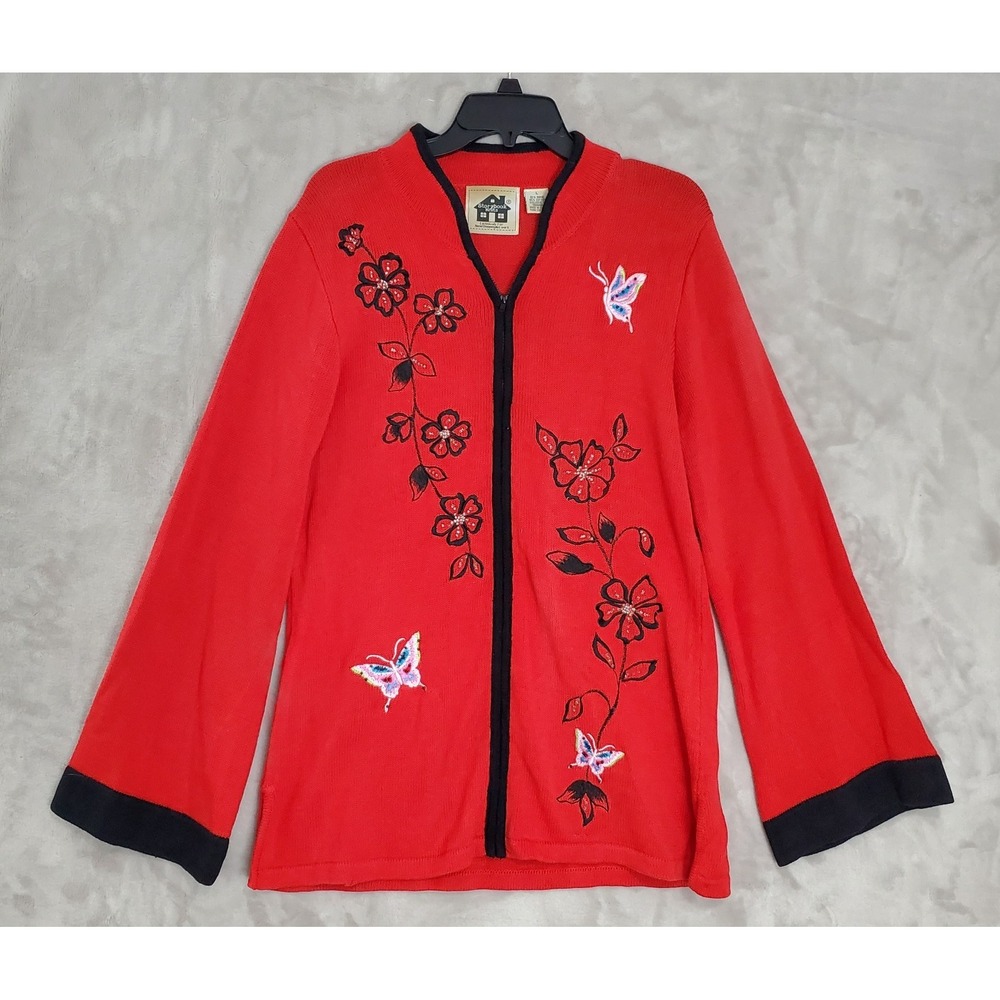 Storybook Knits Sweater L Embroidered Butterfly Away Red Sequin Cardigan READ